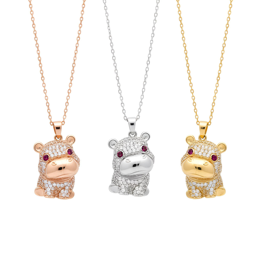 Sparkling Hippo Necklace in 925 Sterling Silver, Cute Hippo Pendant with Pink Zirconia, Unique Animal Jewelry, Gift for Hippo Lovers, Dainty