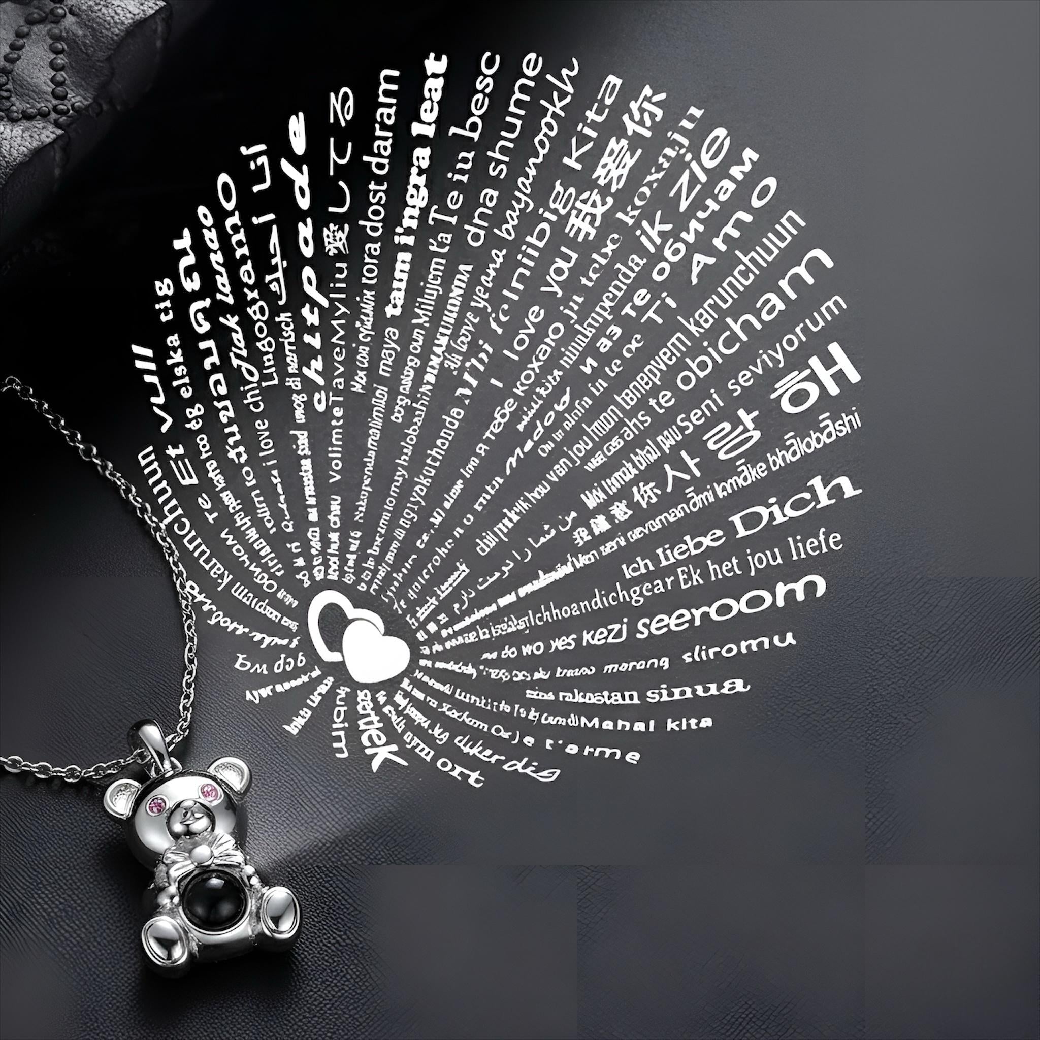 Teddy Bear Projection Necklace, I Love You in 100 Languages, 925 Sterling Silver Romantic Gift for Girlfriend