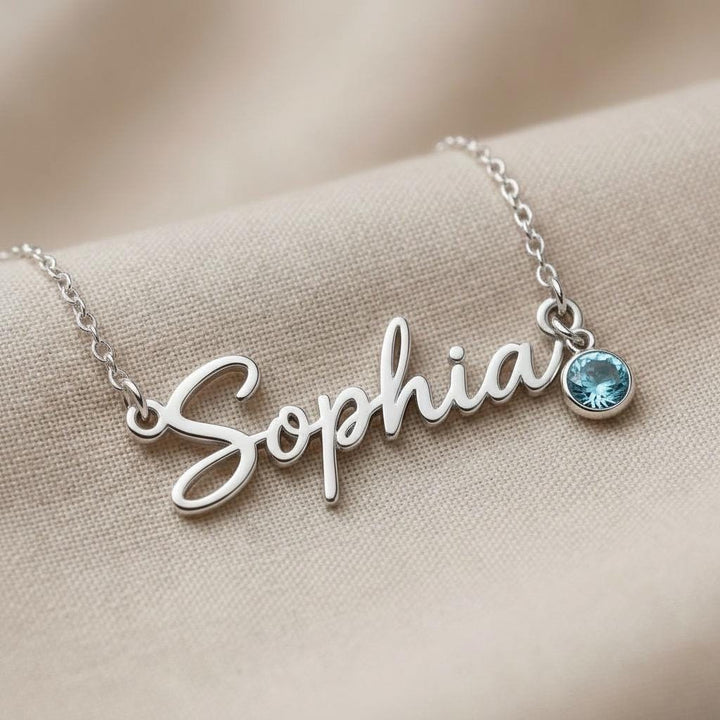 Personalized Name Necklace with Birthstone, Custom Cursive Script, Sterling Silver Custom Jewelry, Gift for Her, Minimal Elegant Necklace, B