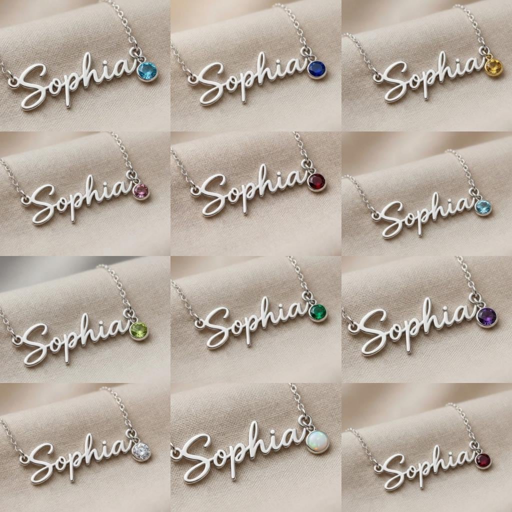 Personalized Name Necklace with Birthstone, Custom Cursive Script, Sterling Silver Custom Jewelry, Gift for Her, Minimal Elegant Necklace, B