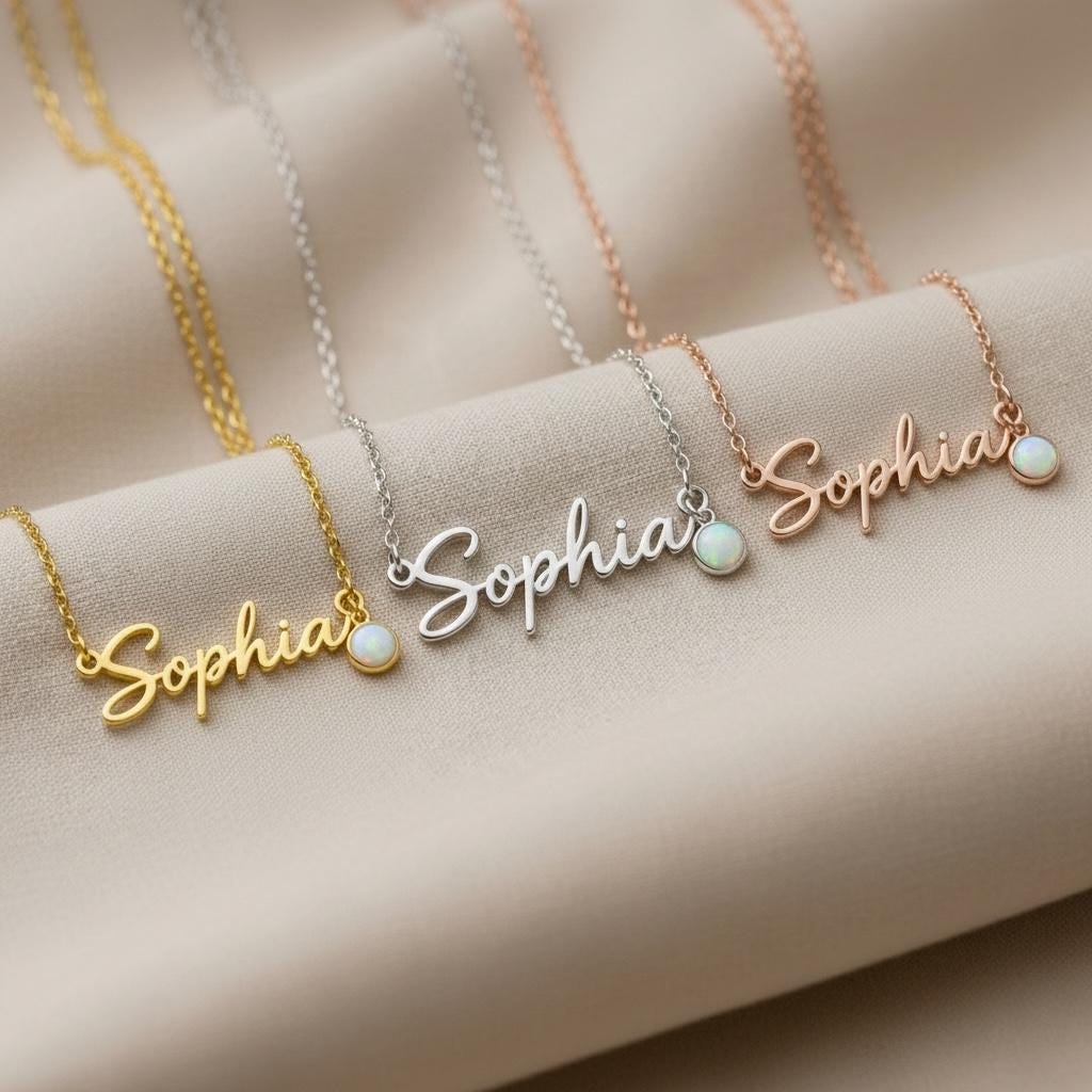 Personalized Name Necklace with Birthstone, Custom Cursive Script, Sterling Silver Custom Jewelry, Gift for Her, Minimal Elegant Necklace, B