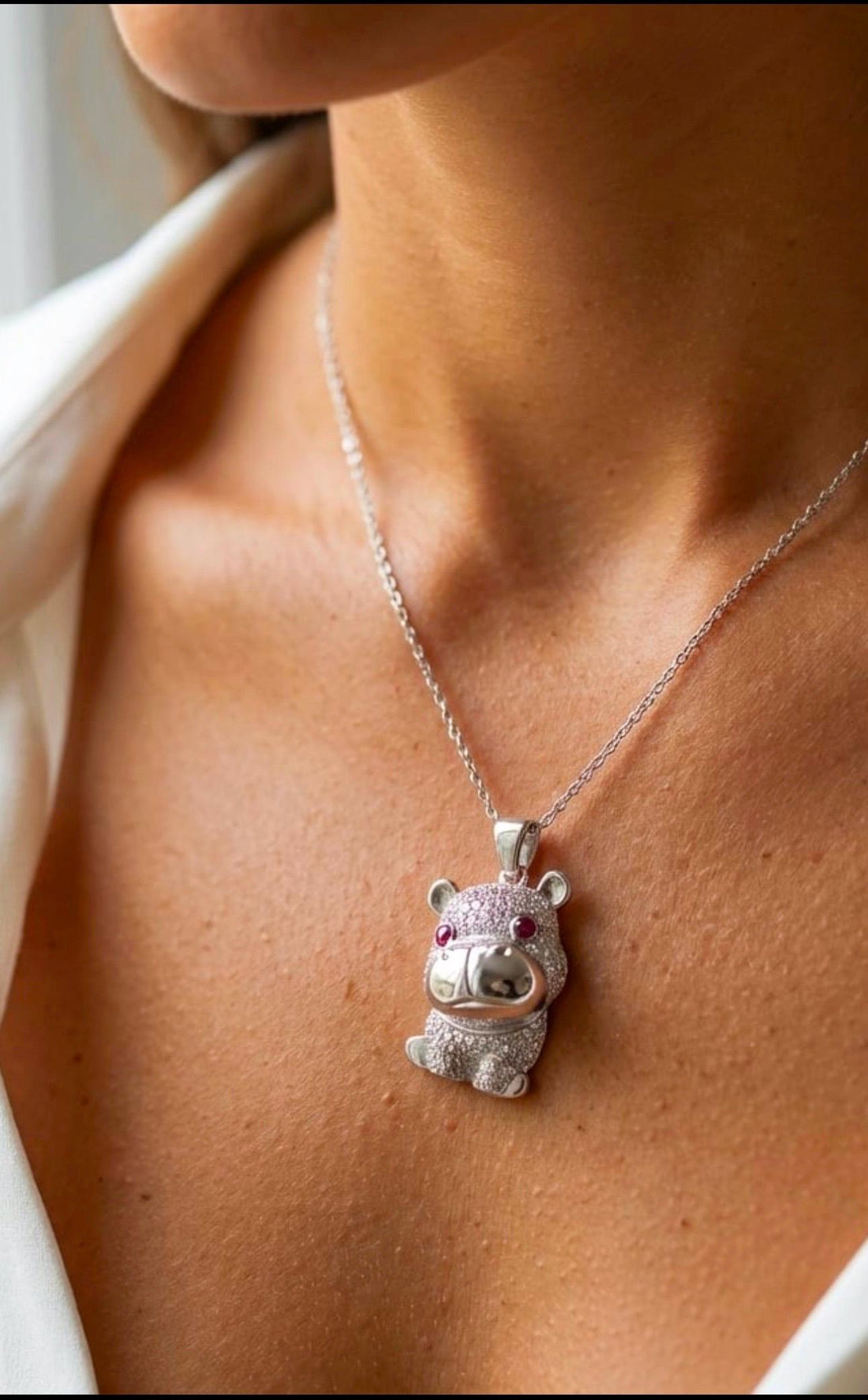 Sparkling Hippo Necklace in 925 Sterling Silver, Cute Hippo Pendant with Pink Zirconia, Unique Animal Jewelry, Gift for Hippo Lovers, Dainty