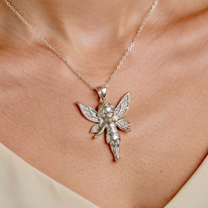 925 Sterling Silver Fairy Necklace, Dainty Angel Pendant with Sparkly Wings, Magical Spirit Jewelry, Fairy Tale Gift for Her, Whimsical Char