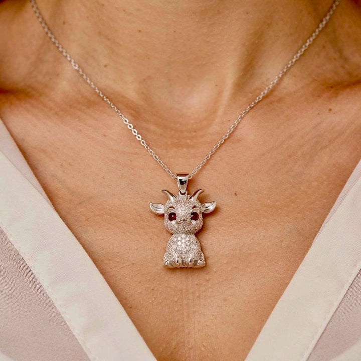 925 Sterling Silver Goat Necklace, 14K Gold Plated Baby Goat Pendant, Red Ruby Zircon Eye Animal Jewelry, Cute Capricorn Charm, Gift for He