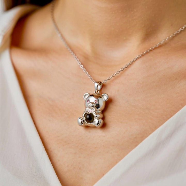 Teddy Bear Projection Necklace, I Love You in 100 Languages, 925 Sterling Silver Romantic Gift for Girlfriend