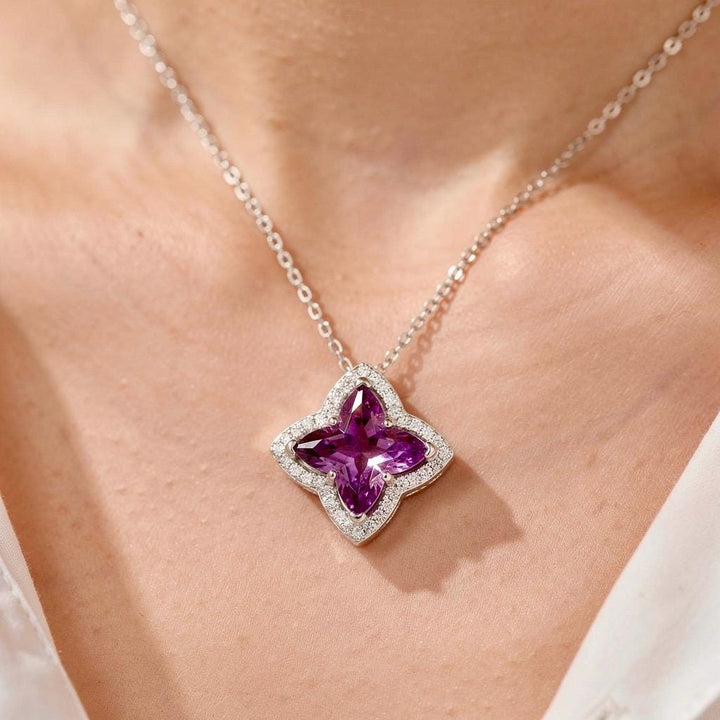 Clover Gemstone Necklace, 925 Sterling Silver Flower Pendant, Four Leaf Clover Jewelry, Emerald Ruby Sapphire Amethyst Options, Gift for Her