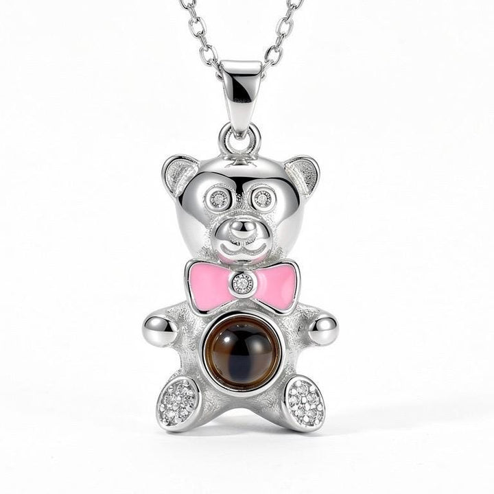 925 Sterling Silver Teddy Bear Projection Necklace, I Love You in 100 Languages Pendant, Cute Animal Jewelry, Romantic Secret Message Gift
