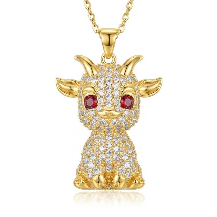 925 Sterling Silver Goat Necklace, 14K Gold Plated Baby Goat Pendant, Red Ruby Zircon Eye Animal Jewelry, Cute Capricorn Charm, Gift for He