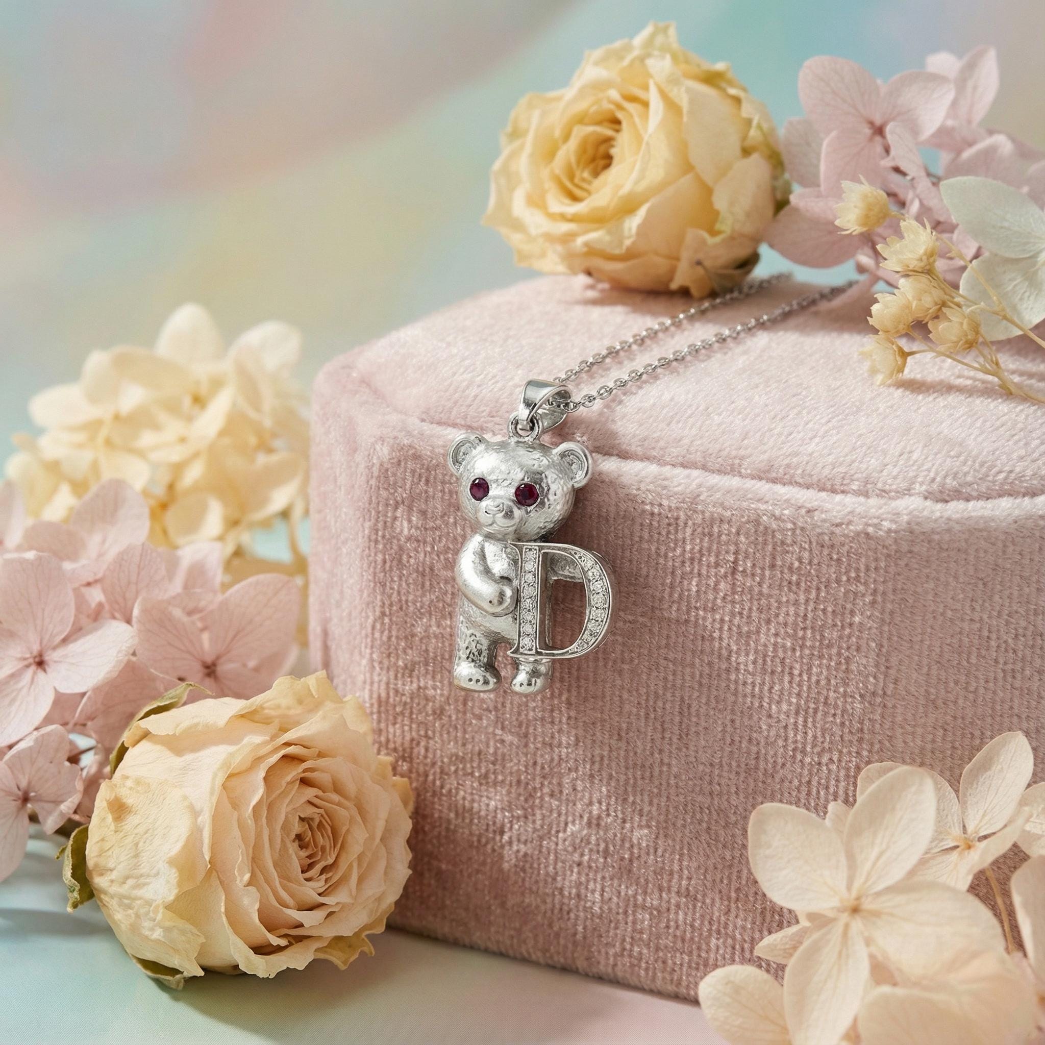 Custom Initial Teddy Bear Necklace - Choose Your Letter - Personalized Silver Bear Pendant - Monogram Animal Jewelry - Gift for Her & Kids