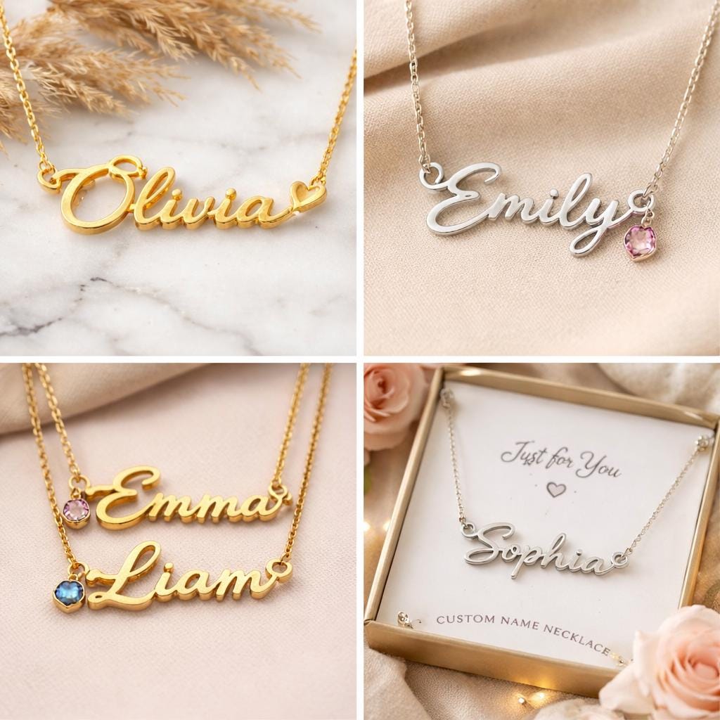 Personalized Name Necklace with Birthstone, Custom Cursive Script, Sterling Silver Custom Jewelry, Gift for Her, Minimal Elegant Necklace, B