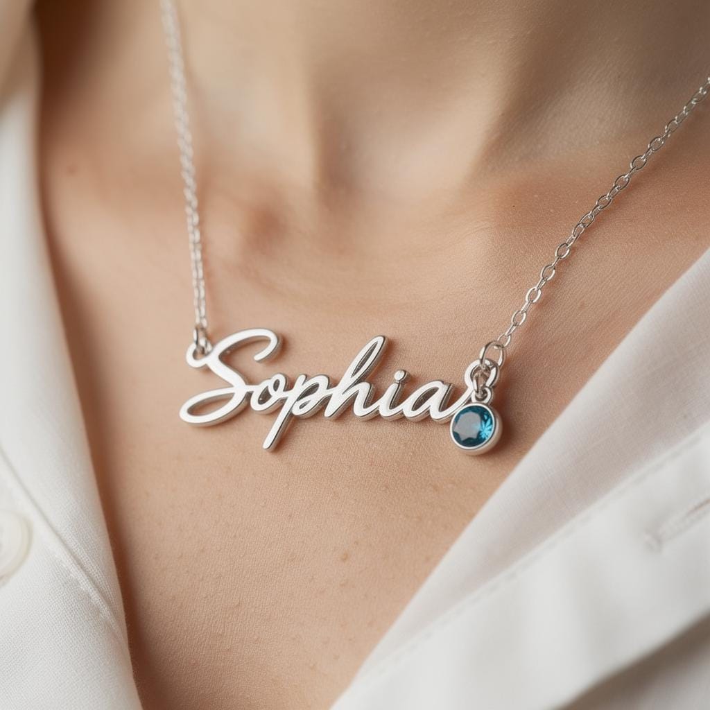 Personalized Name Necklace with Birthstone, Custom Cursive Script, Sterling Silver Custom Jewelry, Gift for Her, Minimal Elegant Necklace, B