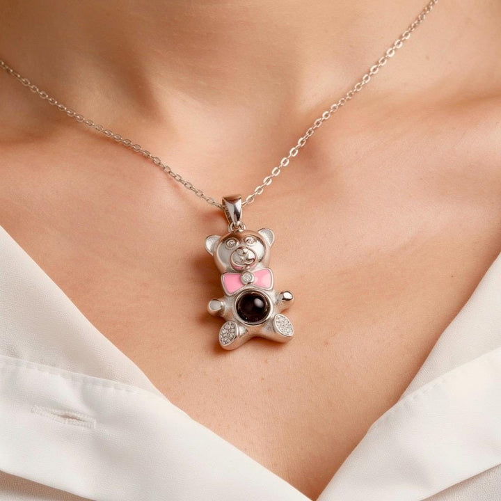 925 Sterling Silver Teddy Bear Projection Necklace, I Love You in 100 Languages Pendant, Cute Animal Jewelry, Romantic Secret Message Gift