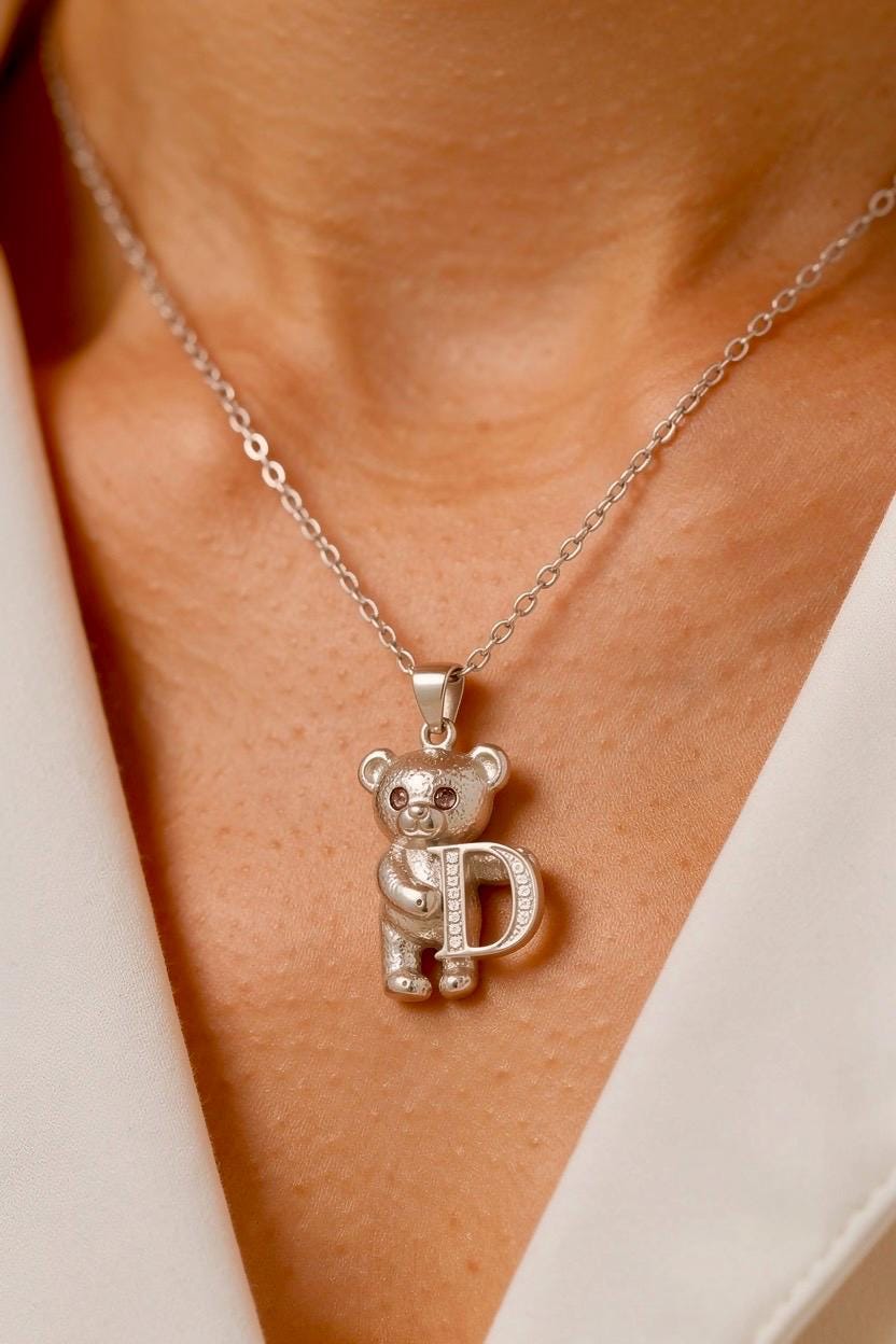 Custom Initial Teddy Bear Necklace - Choose Your Letter - Personalized Silver Bear Pendant - Monogram Animal Jewelry - Gift for Her & Kids