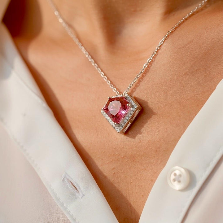 Handmade 925 Sterling Silver Geometric Halo Necklace - Colorful Gemstone Pendant - Minimalist Dainty Jewelry - Personalized Gift for Women