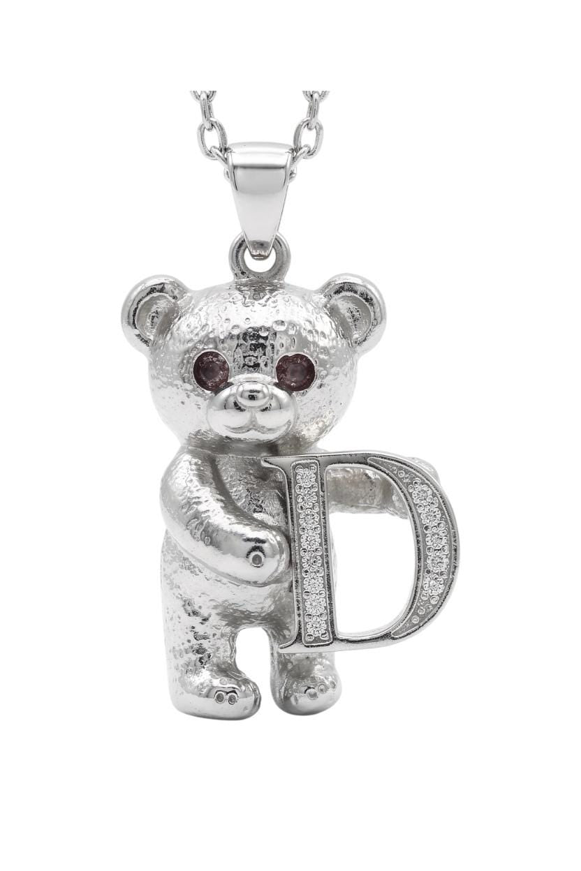 Custom Initial Teddy Bear Necklace - Choose Your Letter - Personalized Silver Bear Pendant - Monogram Animal Jewelry - Gift for Her & Kids