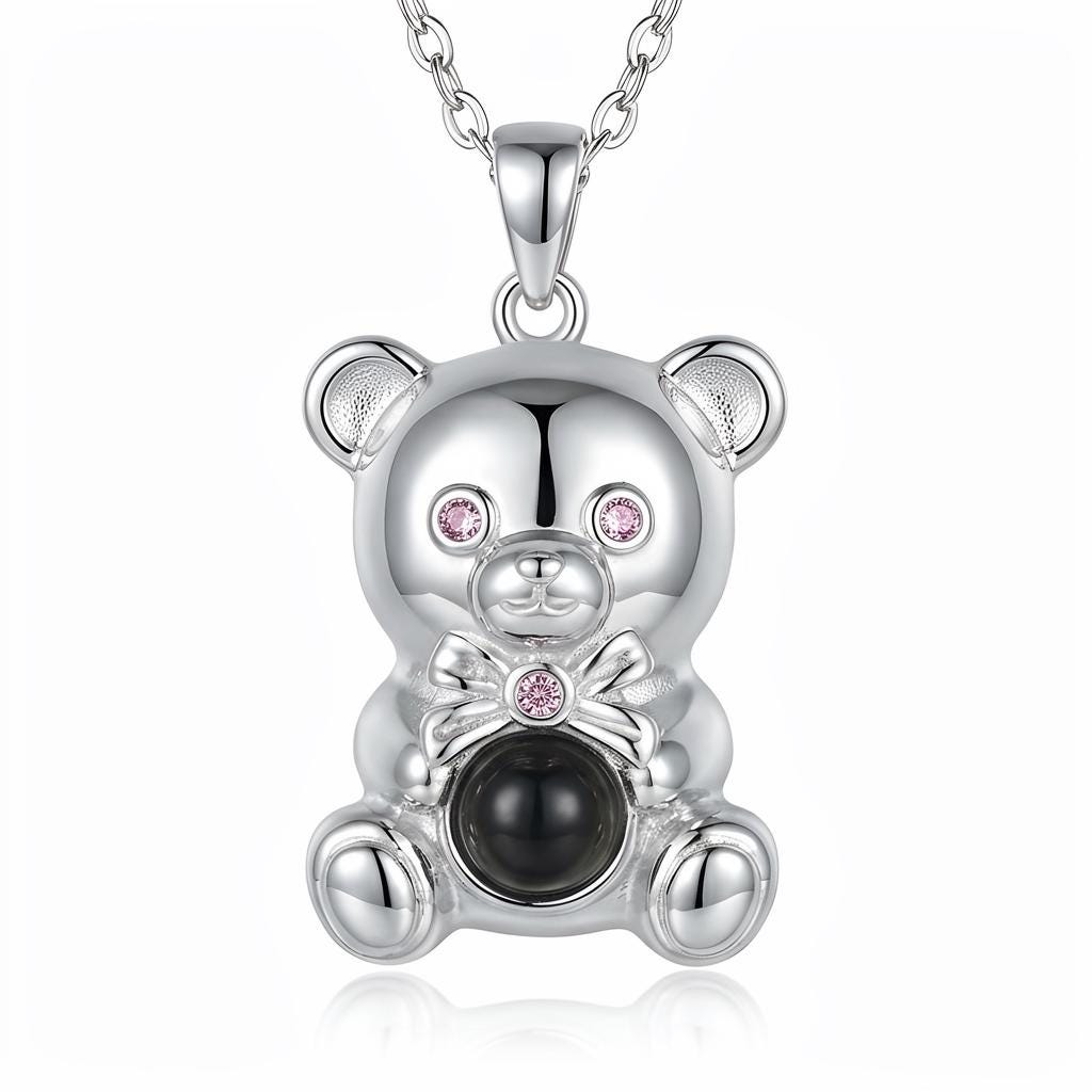 Teddy Bear Projection Necklace, I Love You in 100 Languages, 925 Sterling Silver Romantic Gift for Girlfriend