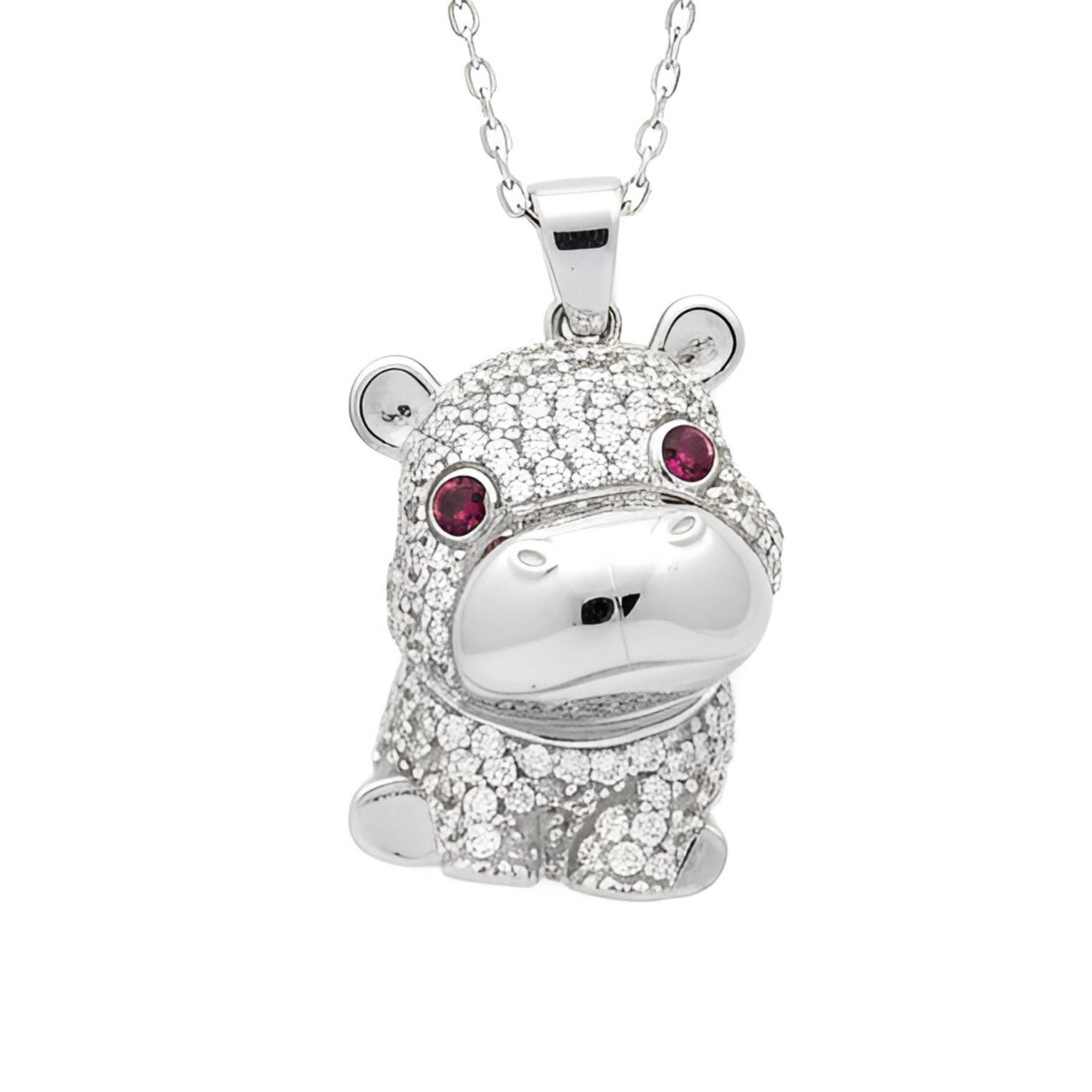 Sparkling Hippo Necklace in 925 Sterling Silver, Cute Hippo Pendant with Pink Zirconia, Unique Animal Jewelry, Gift for Hippo Lovers, Dainty
