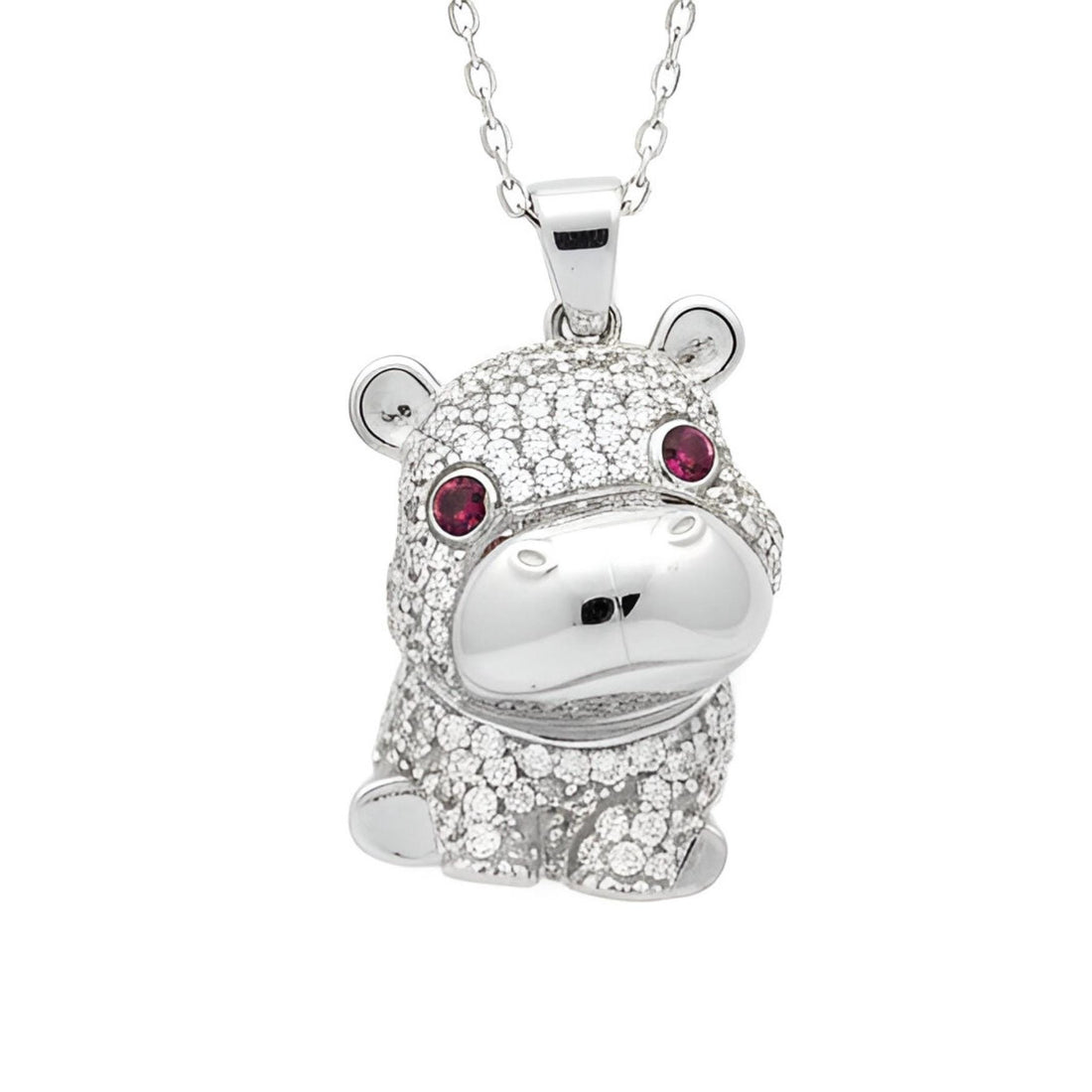 Sparkling Hippo Necklace in 925 Sterling Silver, Cute Hippo Pendant with Pink Zirconia, Unique Animal Jewelry, Gift for Hippo Lovers, Dainty