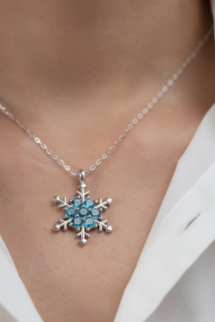 925 Sterling Silver Snowflake Necklace, Blue Crystal Winter Pendant, Christmas Gift for Her, Frozen Inspired Jewelry, Dainty Blue Topaz Neck